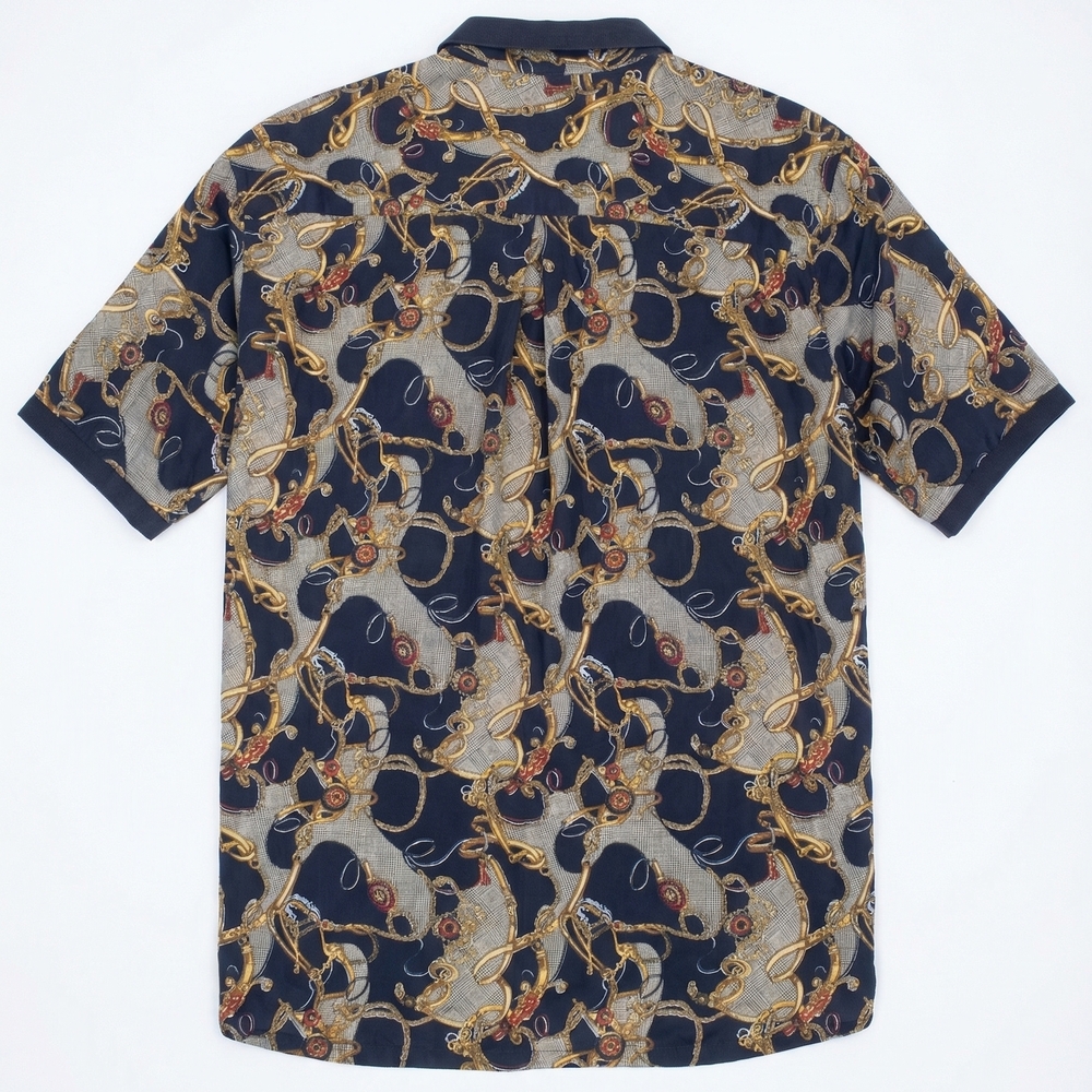 Michael Thomas Men's Navy Chain Print Polo Shirt 3 Buttons Y2K Streetwear - Picture 2 of 4